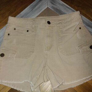 Women’s Denim Shorts – Tan/Beige – Distressed Hem